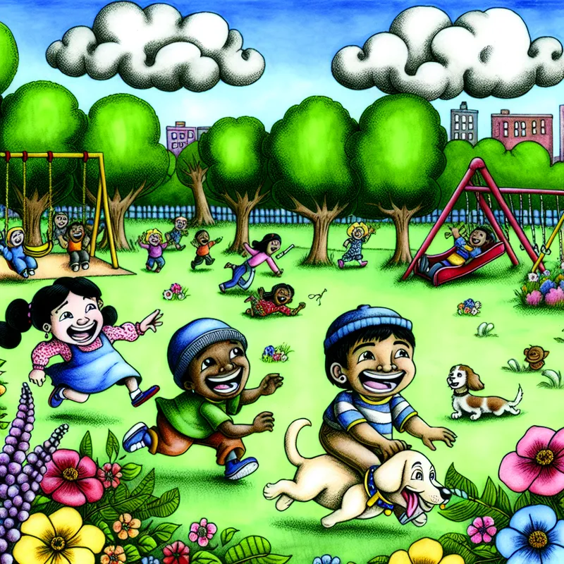 Een vrolijke cartoonafbeelding van een park met blije kinderen die samen spelen.