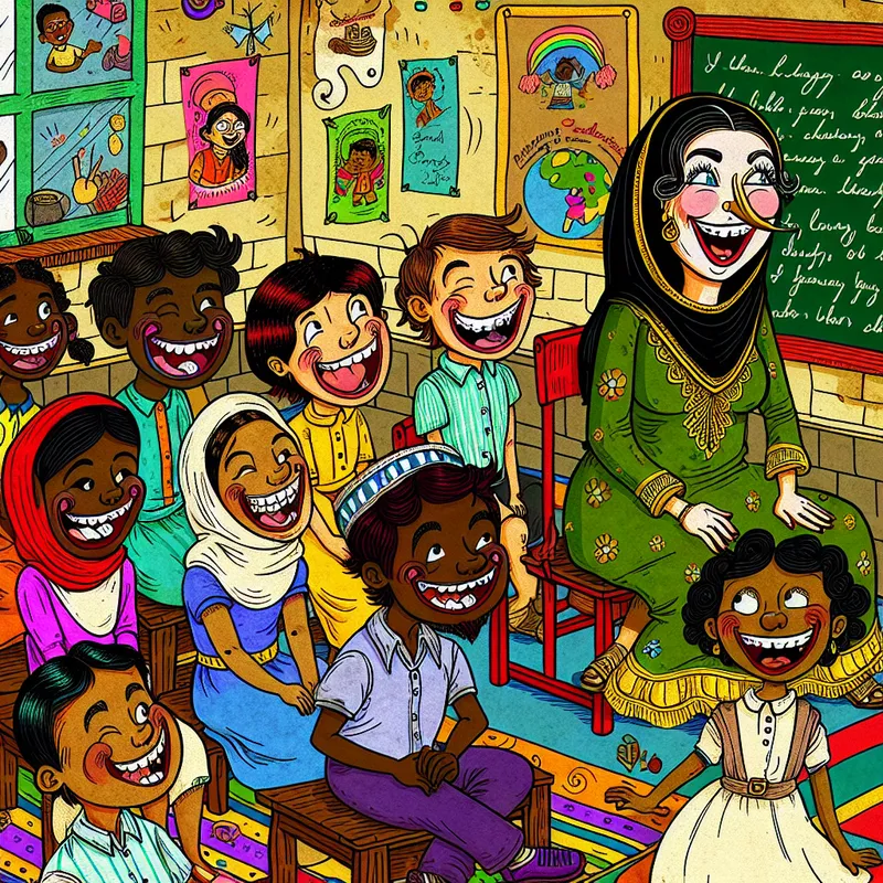 Cartoon van blije kinderen in een kleurrijk klaslokaal, die grappen maken over hun leraar.