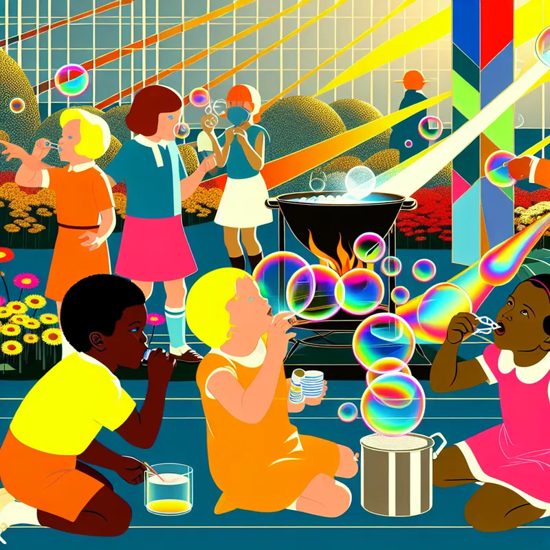 Kinderen die vrolijk luchtbellen blazen in een zonovergoten tuin, omringd door bloemen en bomen.