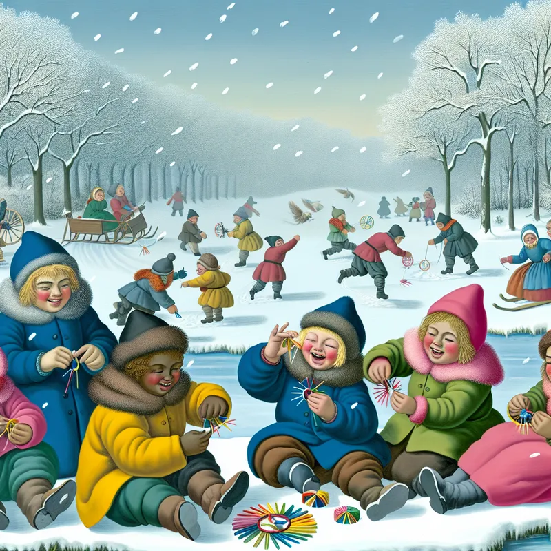 Groep blije kinderen maken kleurrijke papieren spaken in een winterlandschap.