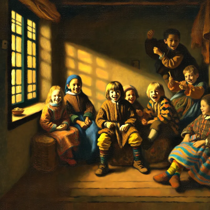 Een groep levendige kinderen speelt vrolijk in een sfeervolle kamer met zacht diffuus licht.