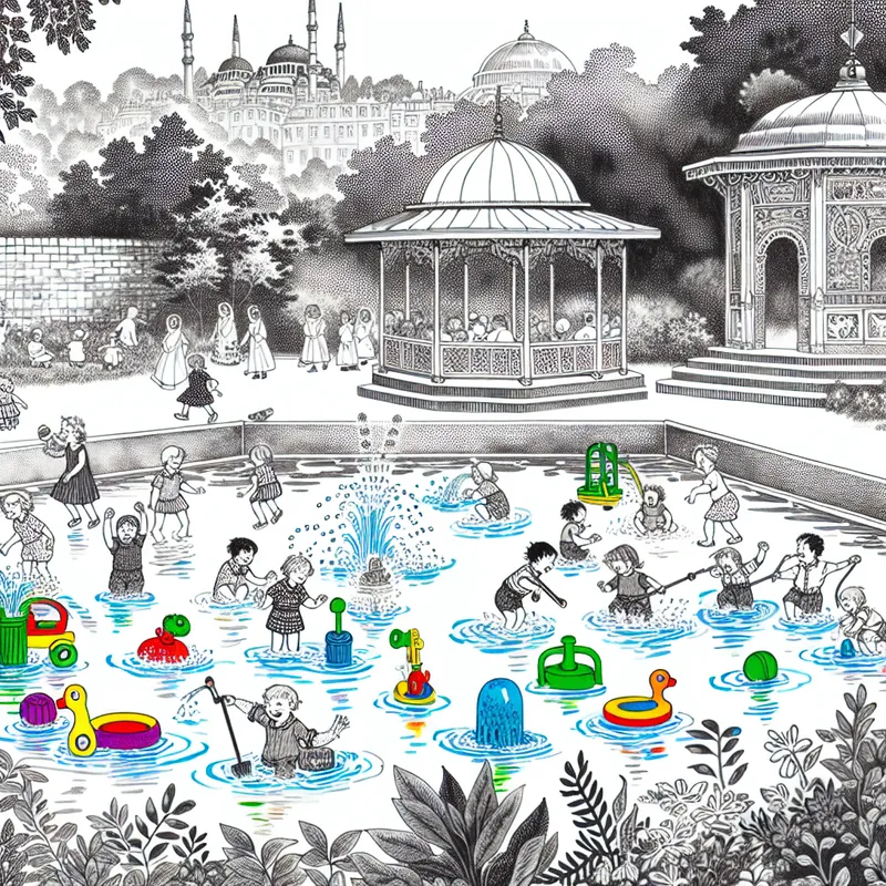 Illustratie van kinderen die vrolijk spelen in een speelse waterpartij met fonteinen en spetterplaatsen.