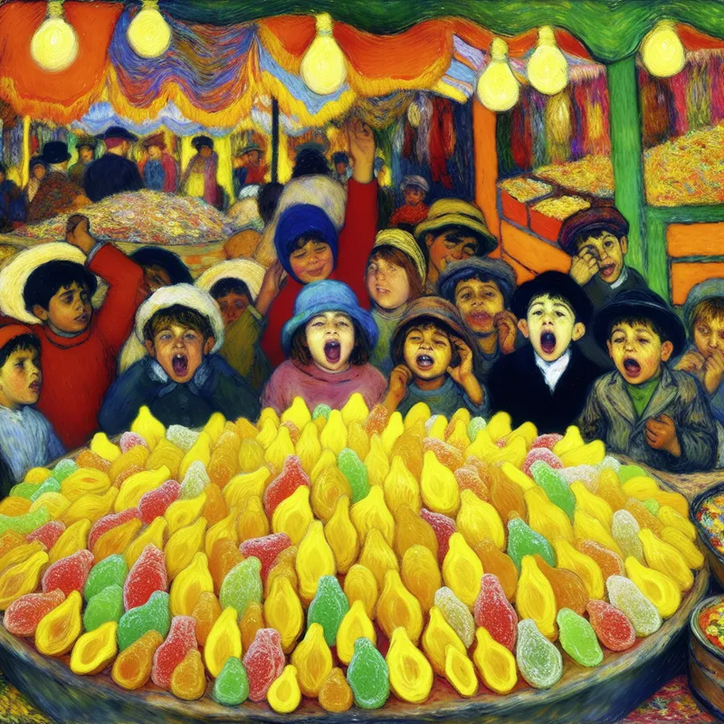 Kinderen in een levendige marktscène ontdekken kleurrijke zure snoepjes met een focus op glanzende citroenvormige snoepjes.