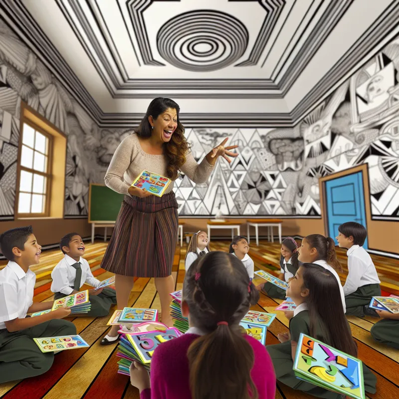 Een vrolijke klaslokaalscène met een leraar die kleurrijke educatieve kaartjes gebruikt om een groep opgewonden kinderen te onderwijzen.