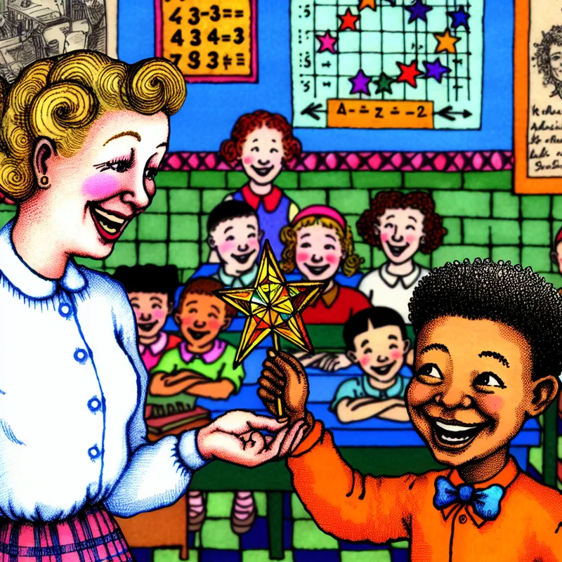 Een blije leraar geeft een gouden ster sticker aan een enthousiaste leerling in een kleurrijke klasomgeving.