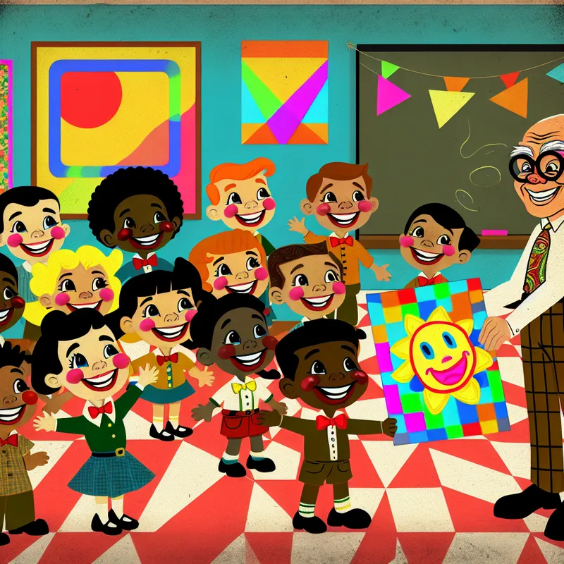 Een vrolijke klaslokaalscène met kinderen die een kleuren-tekening aanbieden aan hun schattige jufje.