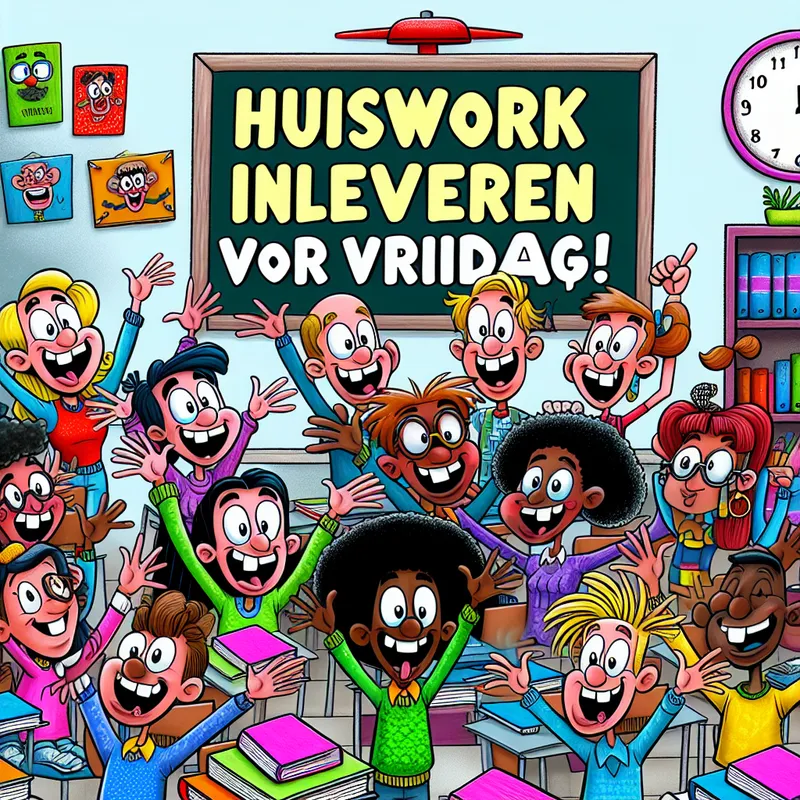 Een levendig cartoonbeeld van een klaslokaal waarin studenten vrolijk hun handen opsteken met unieke kenmerken, en een kleurrijk schoolbord waarop 'Huiswerk inleveren voor vrijdag' staat geschreven.