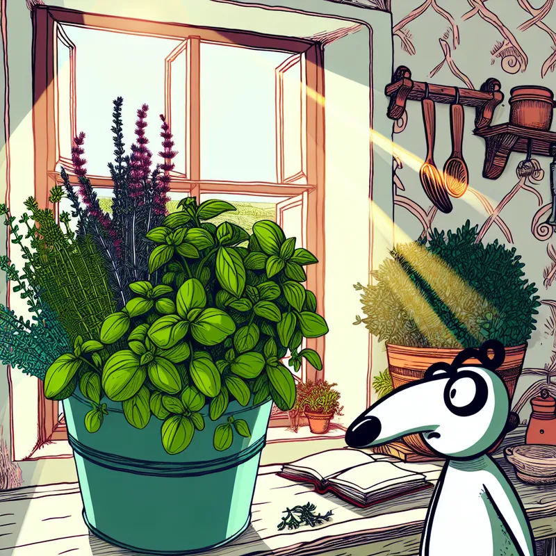 Een cartoonachtige keuken met een pot vol kruiden op de vensterbank en een speels figuurtje dat naar de planten kijkt.