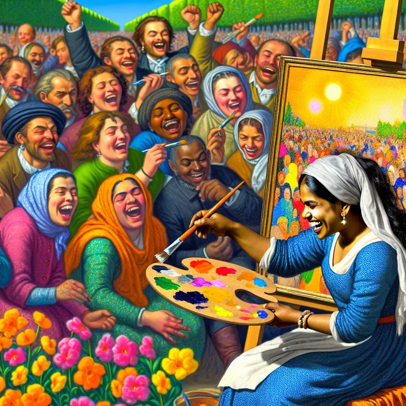 Een jonge vrouwelijke kunstenaar schildert een groot, kleurig canvas in een zonnig park, omringd door blije mensen.