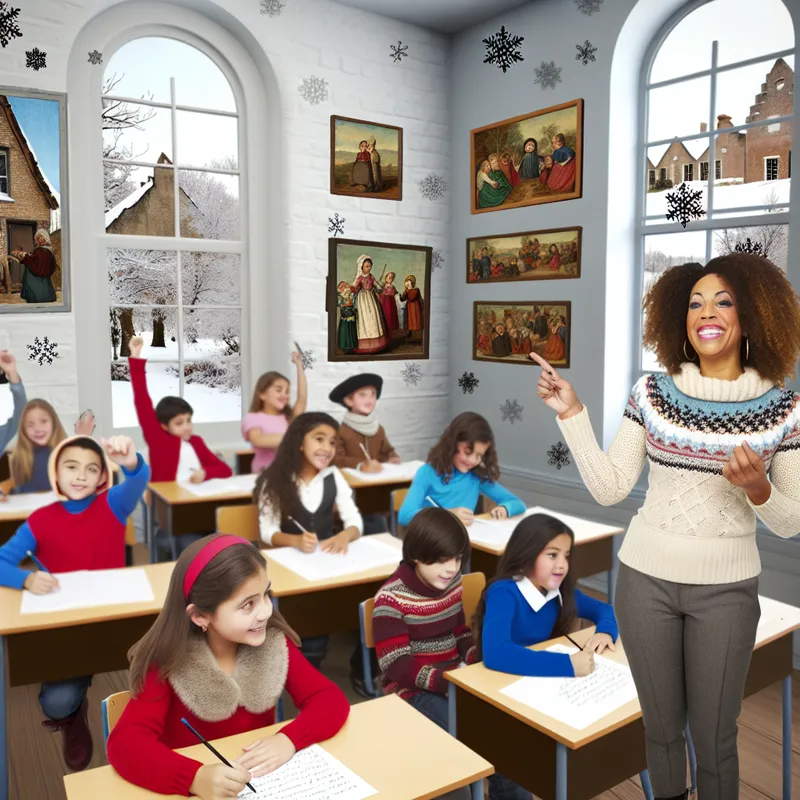 Een vrolijke leraar staat voor de klas en dicteert tekst aan aandachtige leerlingen in een winterse klasomgeving.