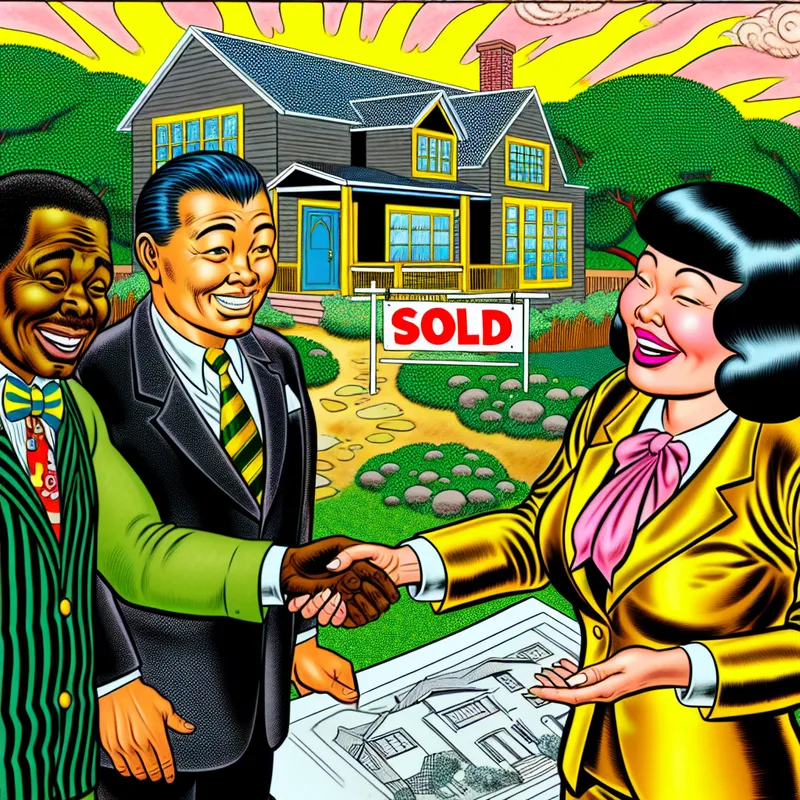 Vrolijke makelaar in een slim kostuum staat tussen twee blije cliënten terwijl ze elkaar de hand schudden, met een huisplattegrond in hun handen en een 'Verkocht' bord in de tuin achter hen.