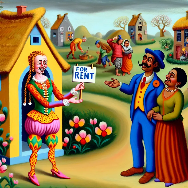 Een kleine, vrolijke makelaartje toont een charmant huis aan een opgewonden stel met een 'Te huur' bord.