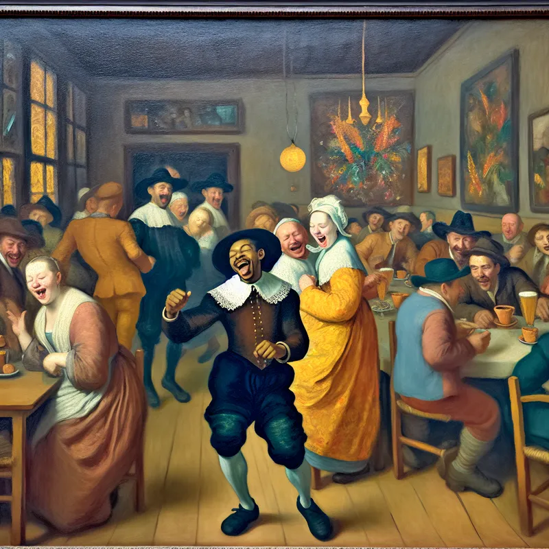 Een vrolijke man die danst en zingt in een café, met een grote glimlach en kleurrijke decoraties op de achtergrond.