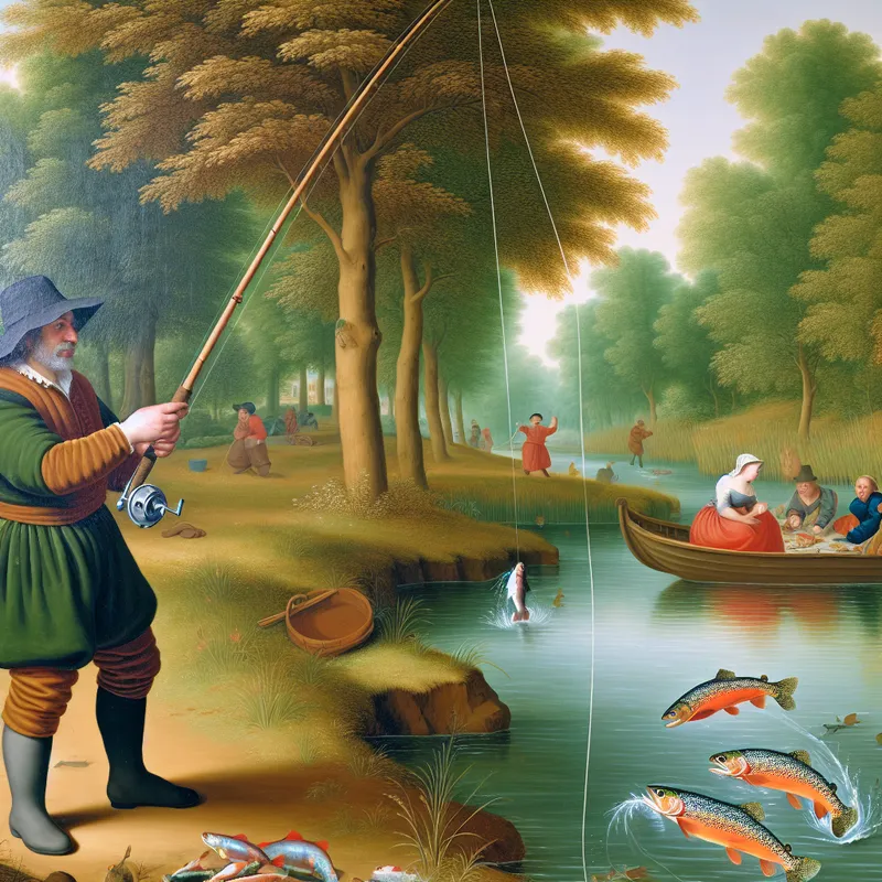 Een blije man aan het vissen bij een rivier, omringd door natuur en springende forellen.