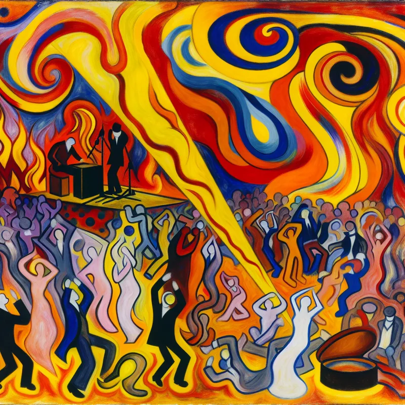 Abstract expressionistische voorstelling van een vrolijke menigte op een concert