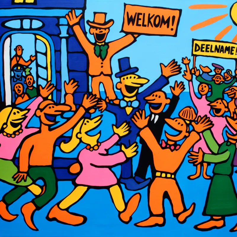 Vrolijke en diverse mensen die samen buiten een gebouw staan voor een gemeenschapsevenement, met borden 'Welkom!' en 'Deelname!'.