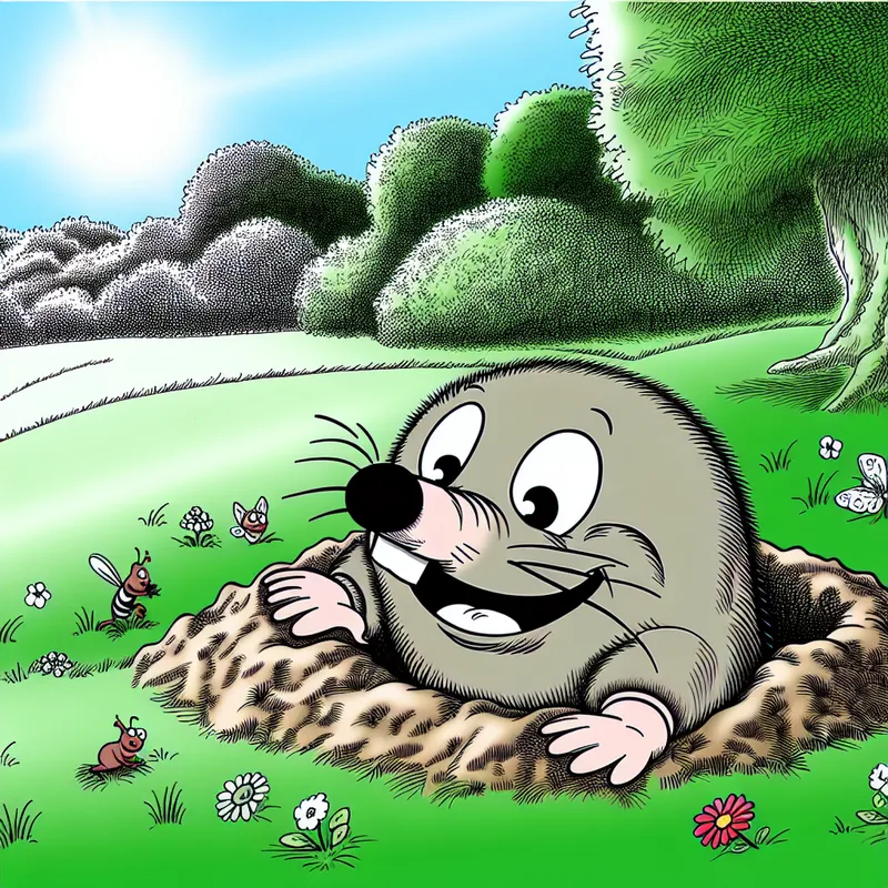 Een vrolijke mol die uit een grasheuvel komt in een parksetting, omringd door bloemen en vlinders.