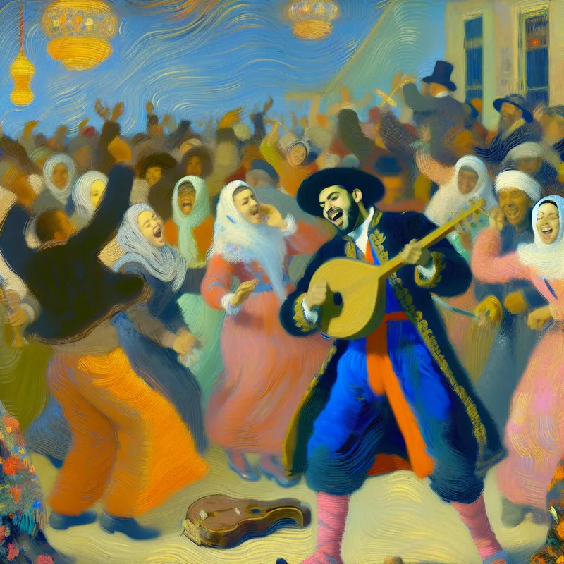 Een blije muzikant speelt een luid instrument tijdens een feest, omringd door dansende mensen.