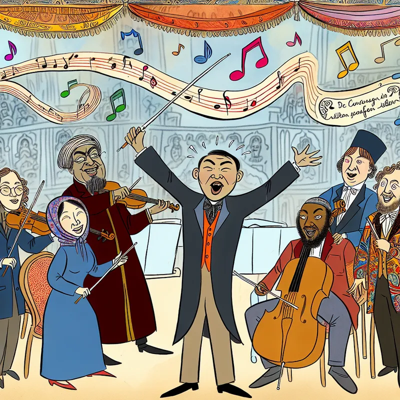 Cartoonachtige illustratie van een levendige muzikale bijeenkomst met een dirigent en opgetogen muzikanten.