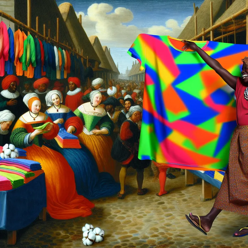 Een blije naaister houdt een felgekleurde 100% katoenen T-shirt omhoog op een levendige textielmarkt met verschillende stoffen in de lucht.