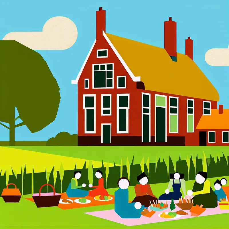 Een vrolijke, minimalistische illustratie van een traditionele Nederlandse hoeve met een rieten dak, omringd door groene velden en bomen, en vrienden die genieten van een picknick.