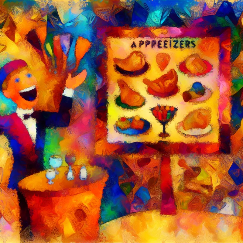 Een vrolijke ober die een kleurrijk menubord toont met drie verschillende voorgerechten in een speelse restaurantsetting.