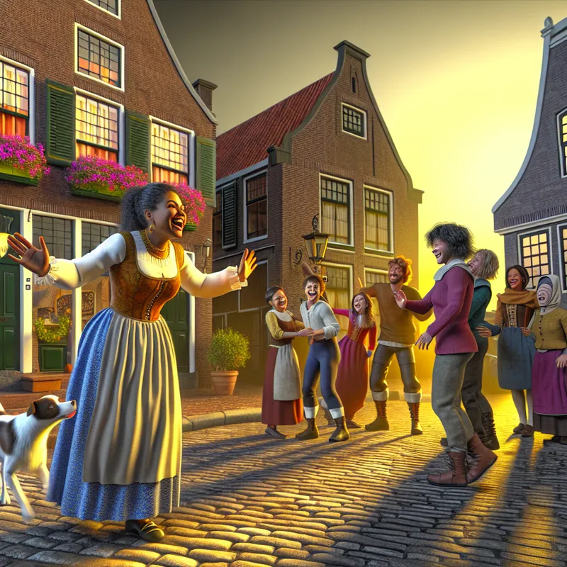 Vrouw begroet buren met een vrolijk 'Goedemorgen!' in een traditioneel Nederlands buurtje.