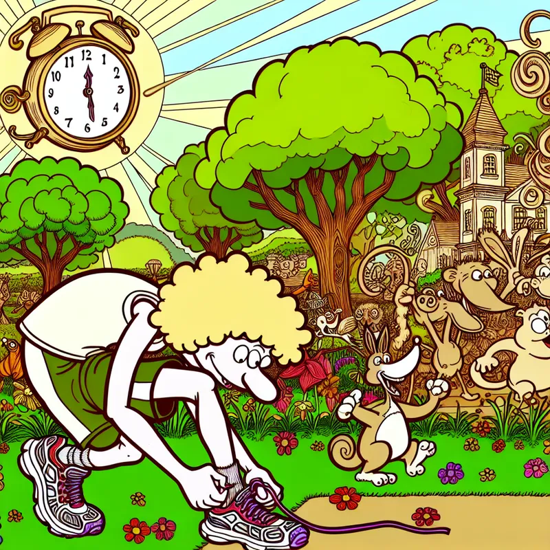 Een vrolijke cartoonafbeelding van een personage dat zijn hardloopschoenen strikt in een zonnige buurt met dieren die om een wekker verzamelen.