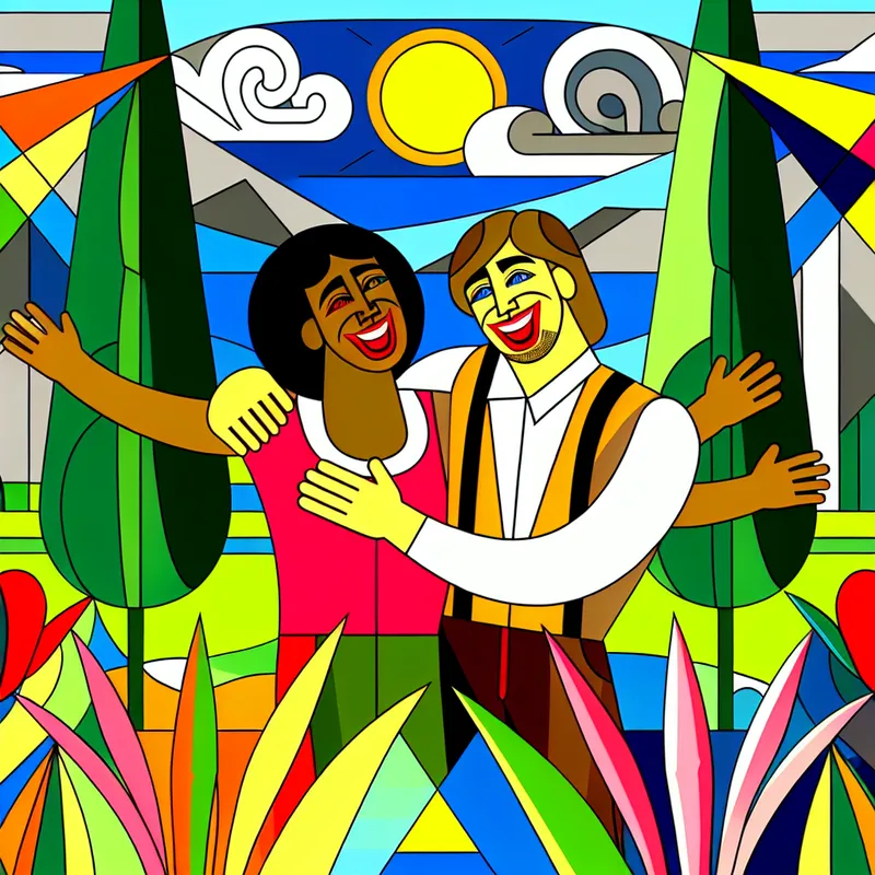 Twee vrienden omhelzen elkaar blij in een kleurrijk park met geometrische vormen en groen