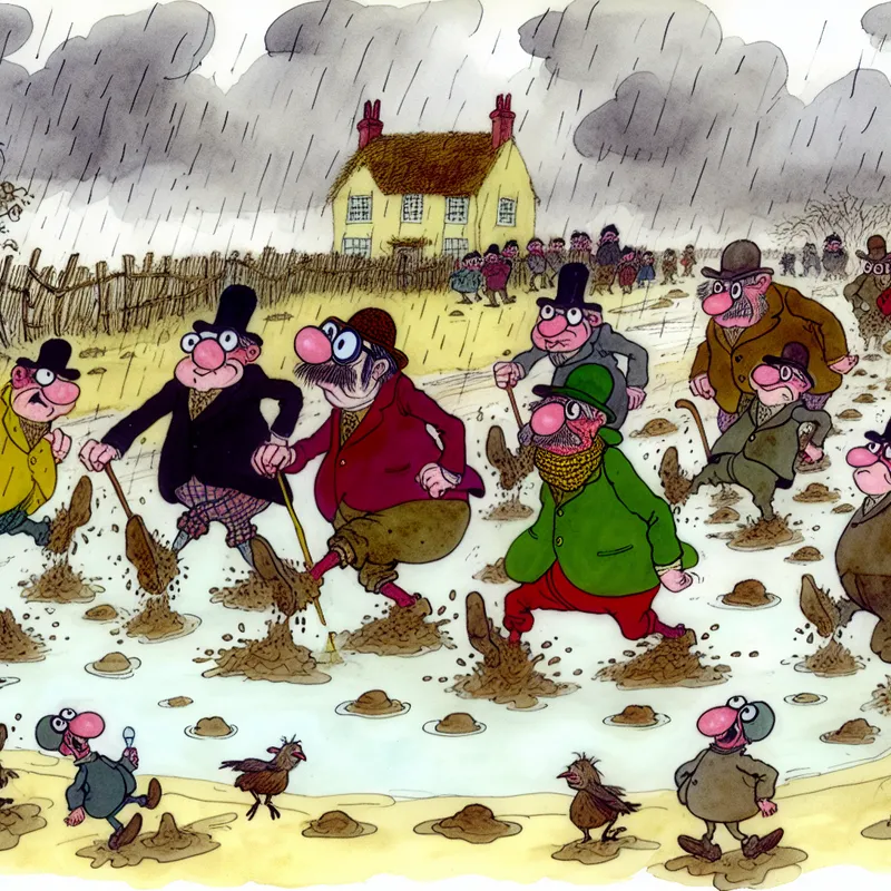 Een kleurrijke cartoonachtige scène met vrolijke personages die door dikke modder ploeteren na hevige regenval, met een schattig huisje op de achtergrond.