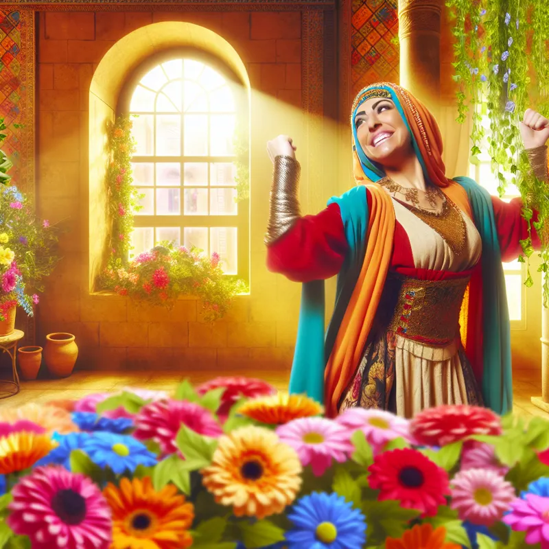 Vrolijk persoon hersteld van ziekte in zonovergoten kamer vol bloemen