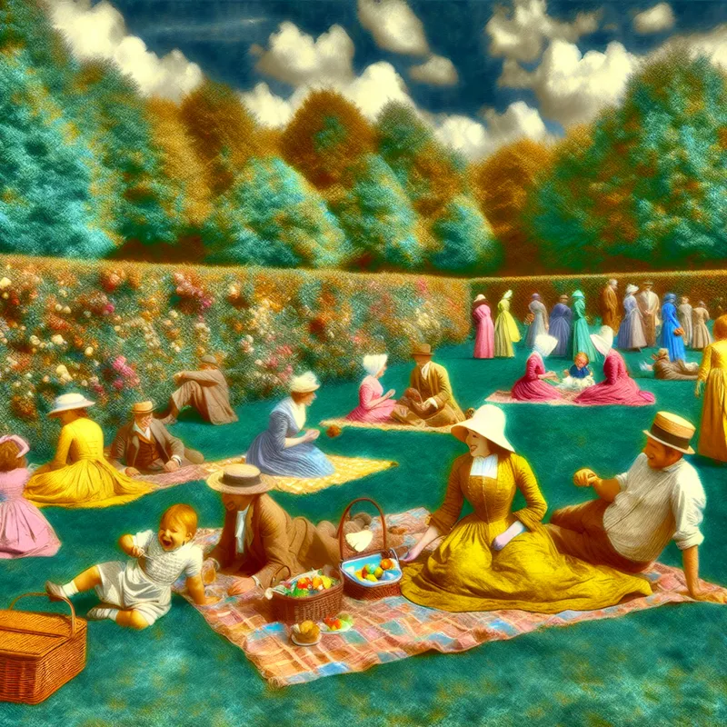 Een vrolijke picknick in een groen park met kleurrijke dekens en een mand vol lekkernijen, omringd door spelende kinderen en bloemen.