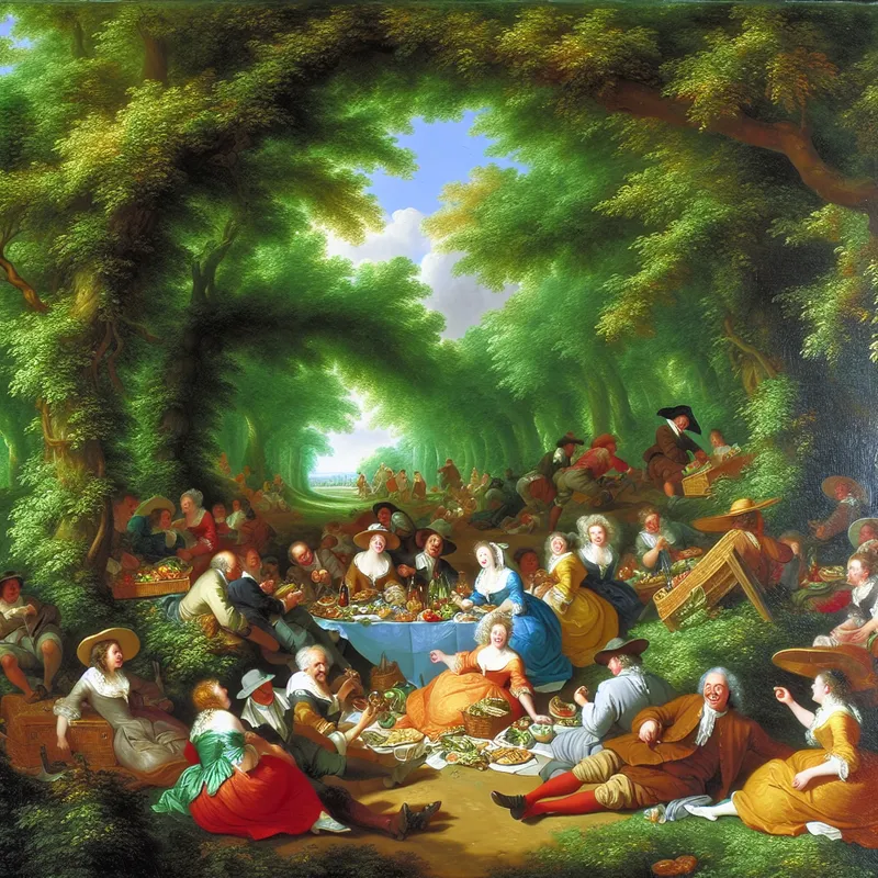 Lustige picknick in een schaduwrijke vallei met mensen, voedsel en drank