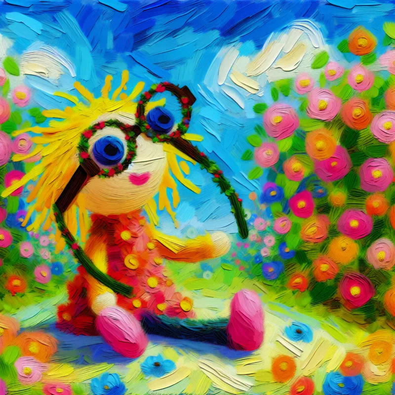 Een schattig brilletje gedragen door een vrolijke pop in een kleurrijke bloementuin.