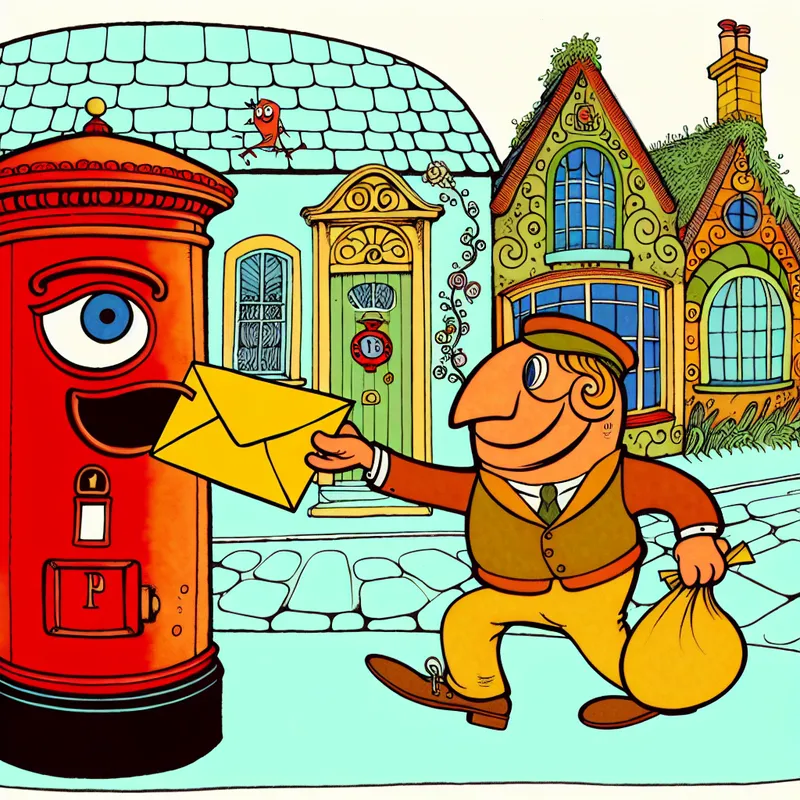 Vrolijke, antropomorfe postbus met een gezicht waar een hand een grote envelop in stopt, in een speelse postkantoorscène in cartoonstijl