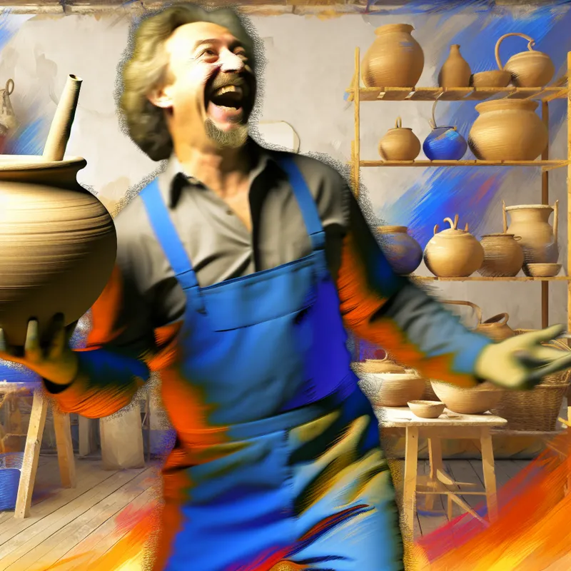 Een vrolijke persoon die een prachtig gemaakte pot vasthoudt, omringd door een workshop vol pottenbakkersmaterialen