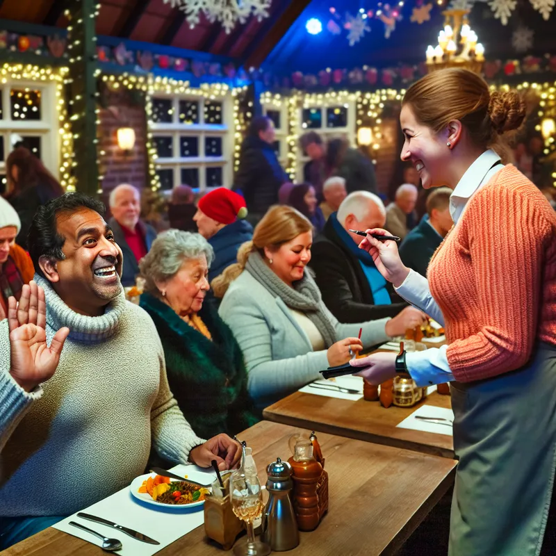 Een vrolijke man in een restaurant die zijn hand opsteekt om de aandacht van een ober te trekken, tijdens een druk diner. Achtergrond met sfeervolle verlichting en een open haard.