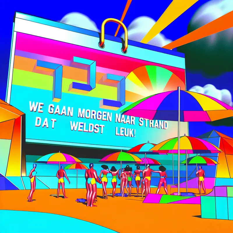 Een retro-futuristische illustratie van een zonnig strand met kleurrijke parasols en blije mensen, met een grote kalender waarin 'Morgen' gemarkeerd is.