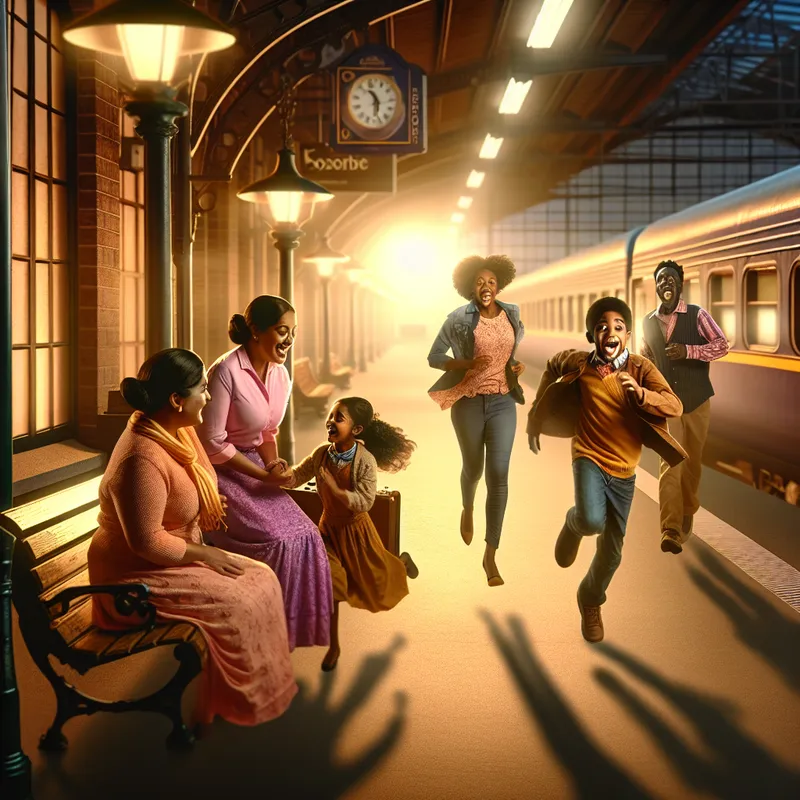 Een moeder omarmt haar kinderen terwijl zij blij naar haar toe rennen in een druk treinstation tijdens de schemering, terwijl vrienden elkaar verwelkomend begroeten.