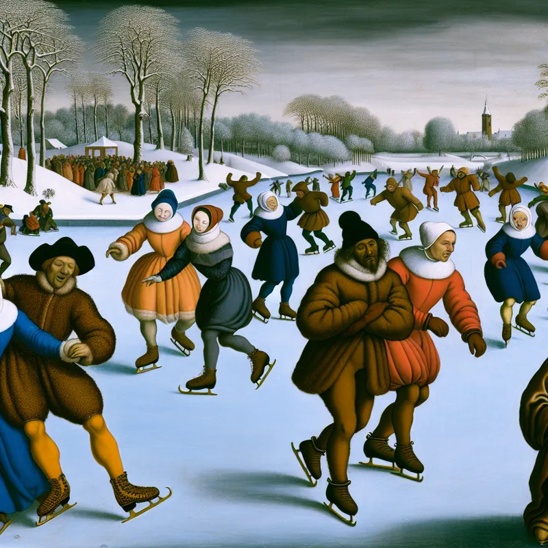 Drukke ijsschaatsbaan met vrolijke schaatsers en een sombere figuur, omringd door bomen bedekt met sneeuw.