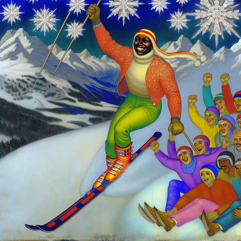 Skier in bright winter gear racing down a snowy slope in the Alps with fluffy snowflakes falling around