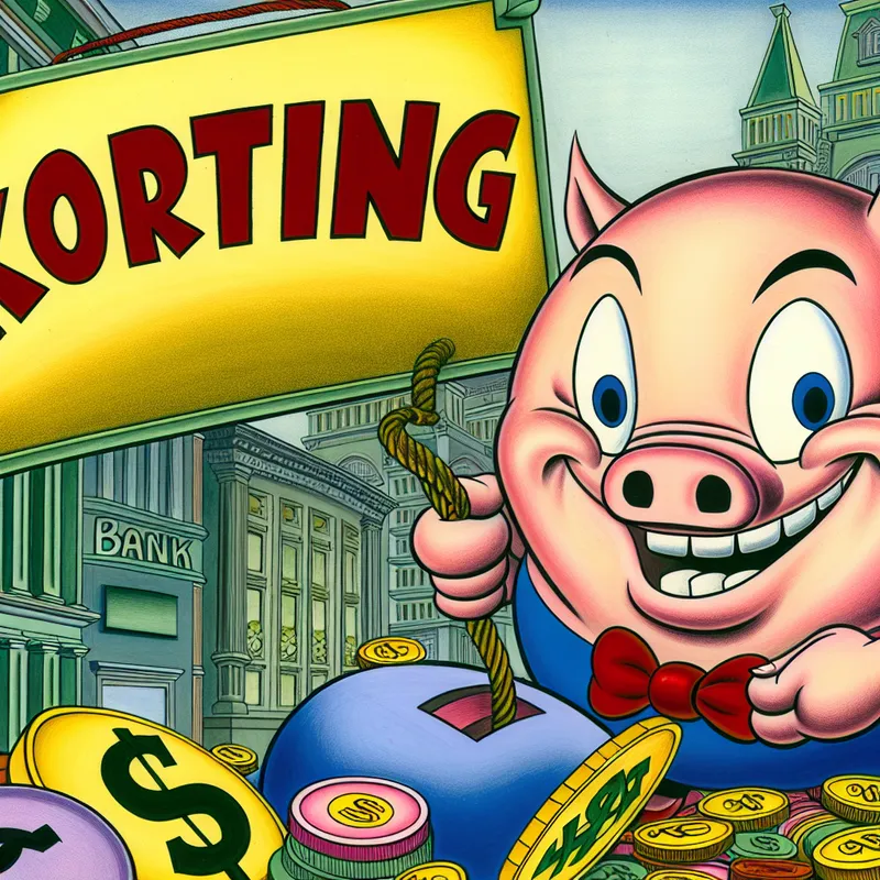 Vrolijke cartoon afbeelding van een antropomorfische spaarpot met een glimlach die een grote kortingslabel vasthoudt met het woord 'Korting'.