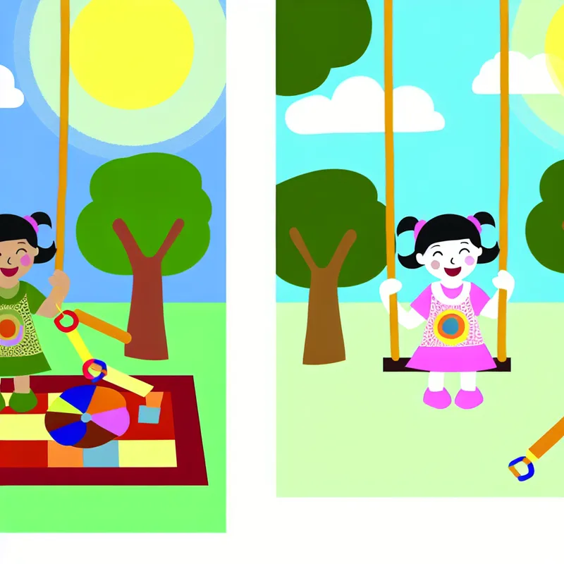 Twee jonge meisjes spelen samen in een vrolijke speeltuin, één met een speelgoed en de ander op een schommel, uitbeeldend het concept 'vriendinnetje'.