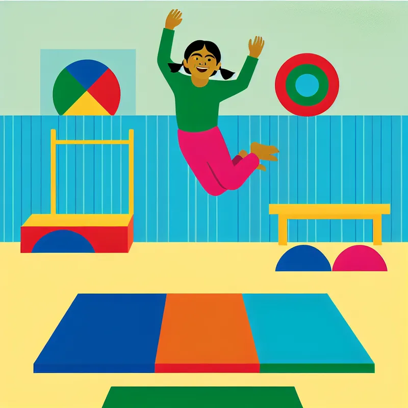 Een blije kind maakt een grote sprongetje in een gymles