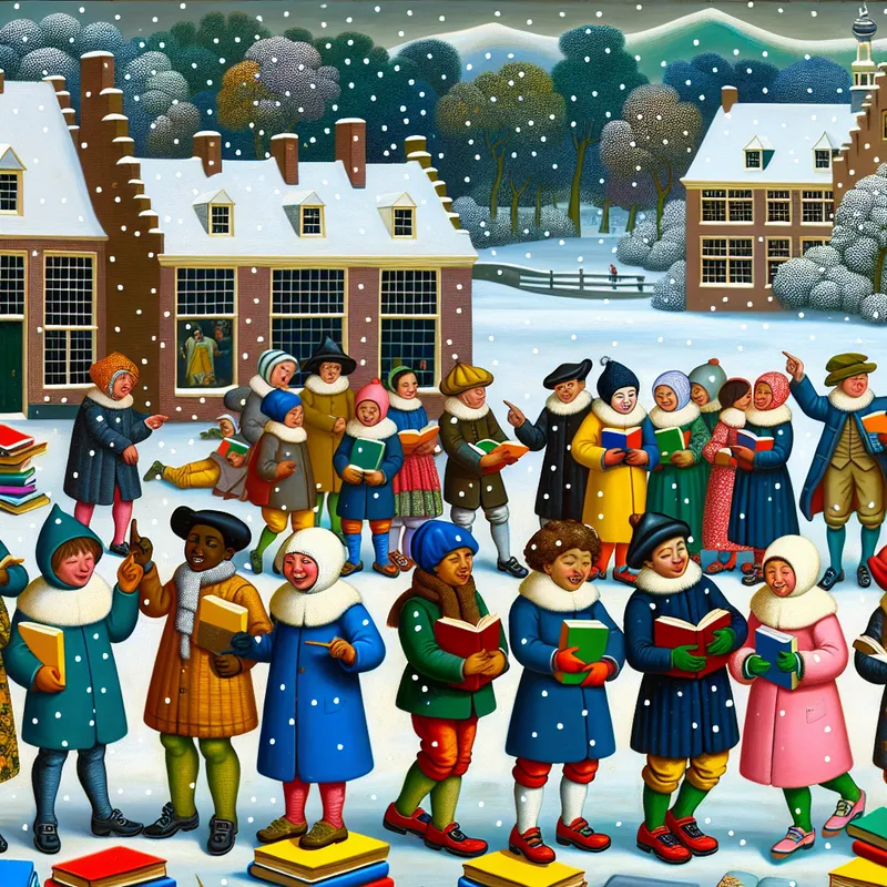 Groep studenten in een winterse schoolyard, omringd door kleurrijke boeken tijdens het studeren.