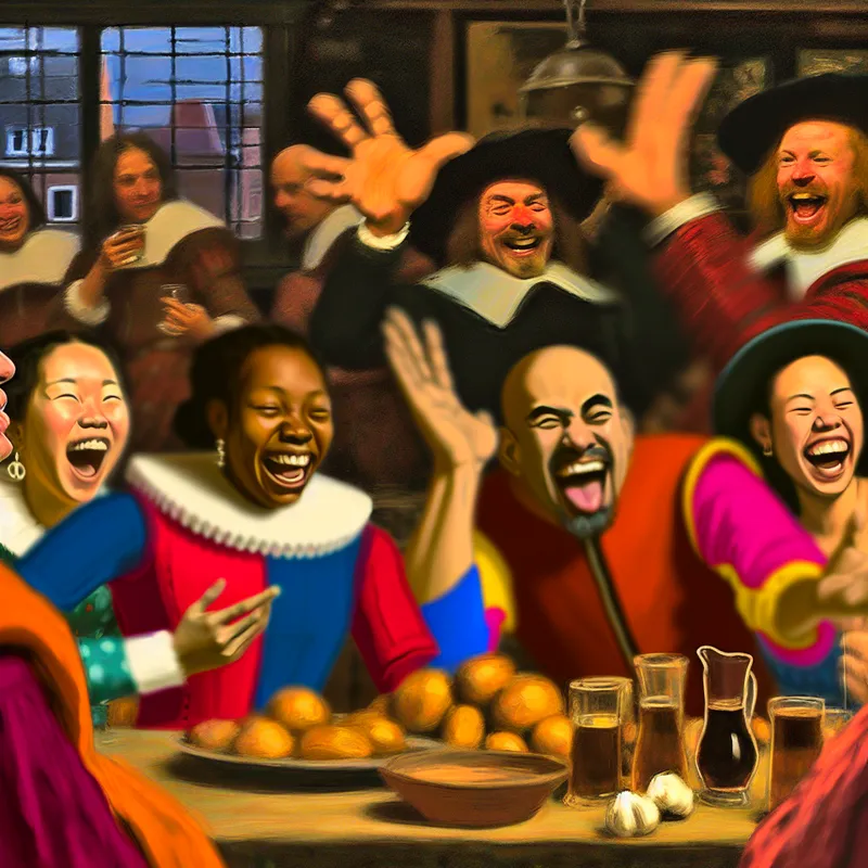 Groep vrienden in een levendige taverne, die lachen rond een tafel met eten en drinken, terwijl iemand op een speelse manier gebaren maakt die het concept van 'zelfmoordje' uitdrukt.