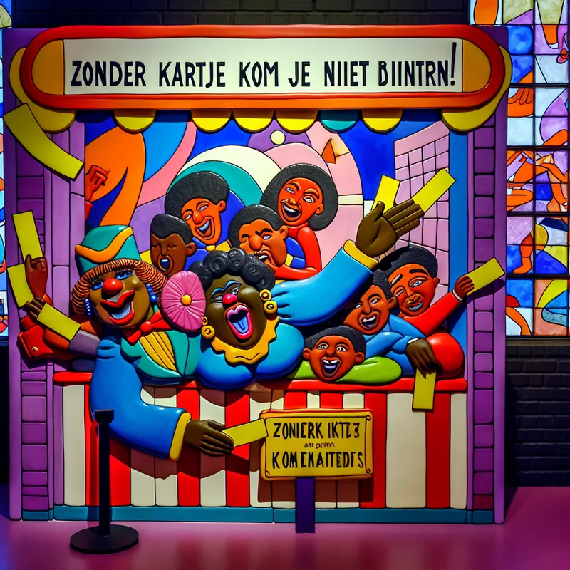 Een levendig en speels beeld van een ticketkiosk met een enthousiaste medewerker en een lange rij blije kinderen die kleurrijke tickets vasthouden.