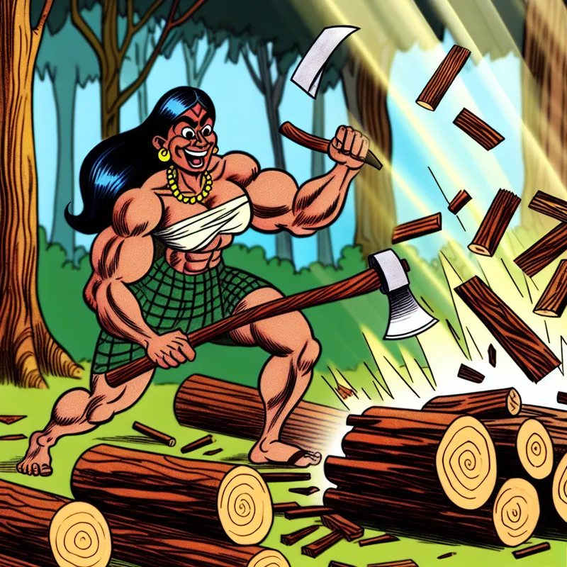 Cartoonachtige afbeelding van een enthousiaste timmerman die met een bijl hout hakt, met een grote glimlach en gespierde armen.