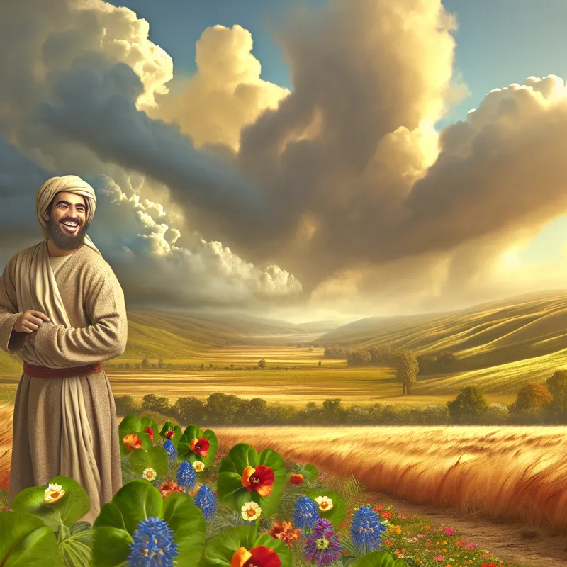 Vrolijke persoon in een weelderig landschap met gouden licht en bloemen, symboliserend een opgewekte karaktereigenschap