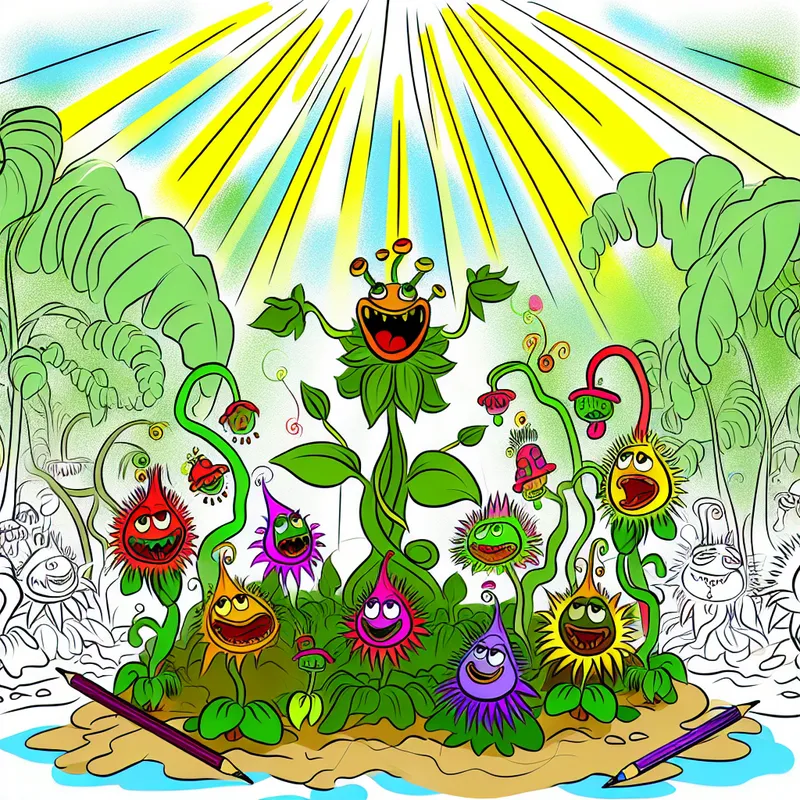 Vrolijke cartoonweergave van een tuin met een ouderplant en kleurrijke nageslachtplanten met leuke gezichten